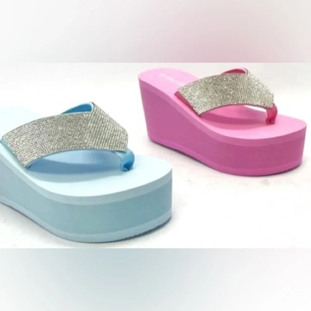 Wild Diva Heat Pink Y2K Rhinestone Embellished Ultra Platform Wedge Sandals